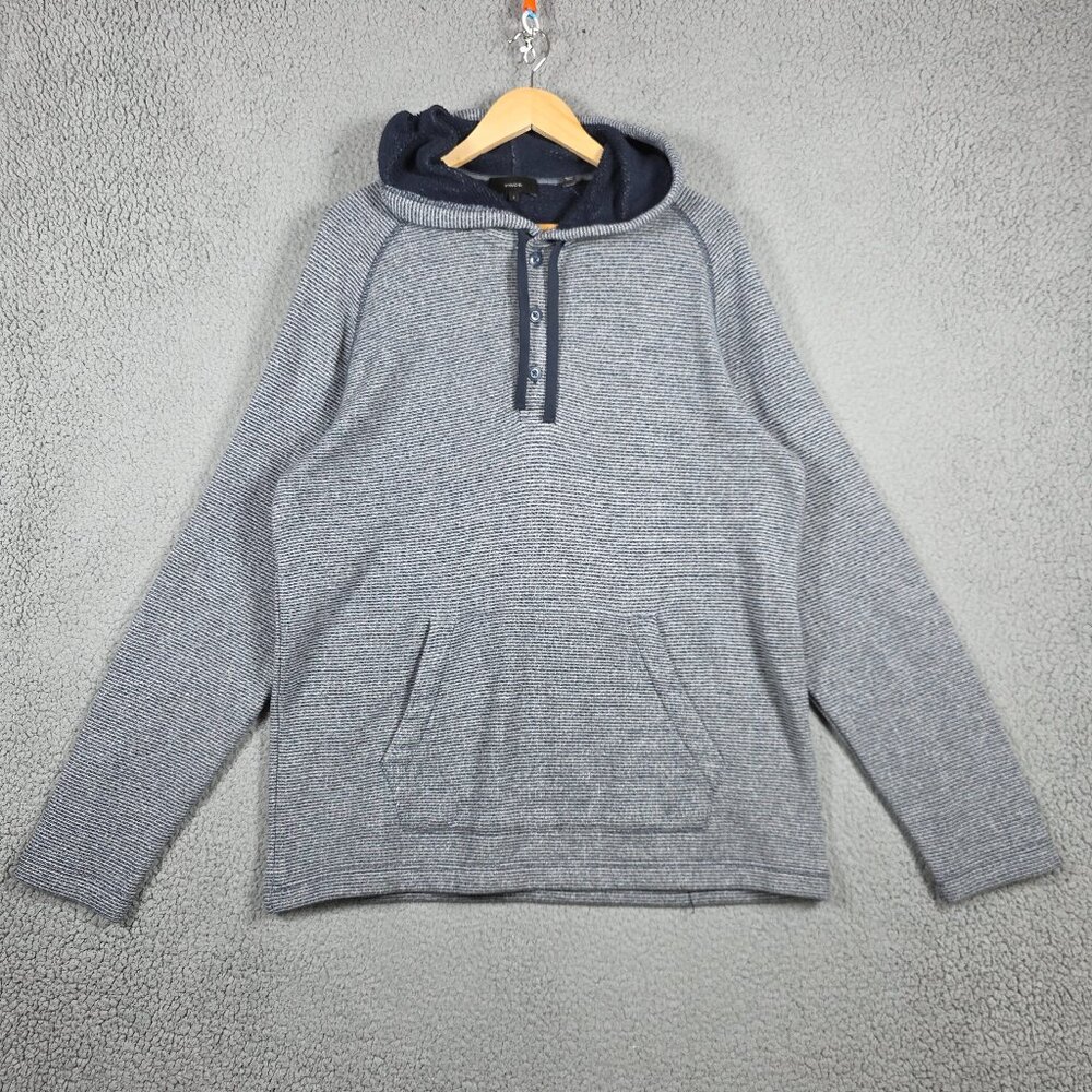 Vince Sweater Mens Size Large Gray Navy Hoodie Terry Cloth Lined Ragland Beachy